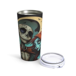 May include: A stainless steel tumbler with a black and white image of Jack Skellington and Sally from the Nightmare Before Christmas. The image is in a vintage style with a moon and bats in the background.