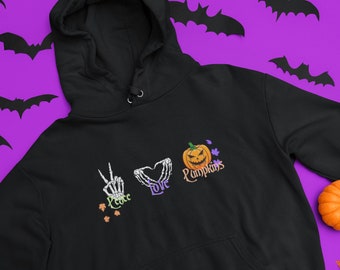 Halloween Funny Pumpkin Shirt, Love Peace Pumpkin Hooded Gift Sweatshirt for Women, Spooky Halloween Hoodie, Halloween Skeleton Sweatshirt.