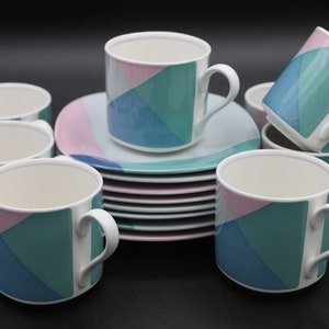 Vintage Mikasa Tempo Eighty Video coffee set 8x flat cup & saucer / made in Japan