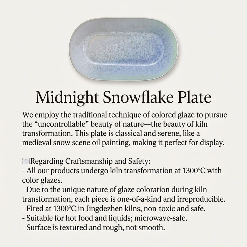May include: A ceramic Midnight Snowflake Plate with a textured surface. The oval plate features a blue and white color scheme with a unique glaze. The text "Midnight Snowflake Plate" is displayed below the plate.