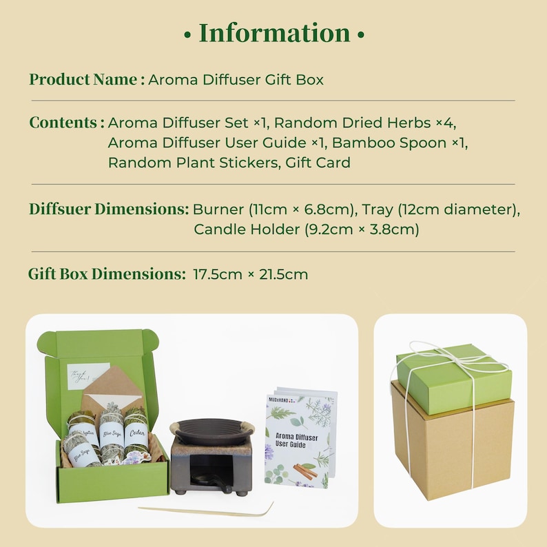 Op de afbeelding: Aroma diffuser cadeauverpakking met een groen deksel en een bruine basis, vastgebonden met wit touw. De doos bevat een diffuser set, gedroogde kruiden, een gebruikershandleiding, een bamboe lepel en stickers. De brander is 11cm x 6.8cm groot.