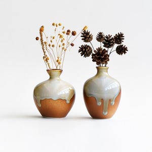 May include: Two ceramic vases with a drip glaze finish. The vase on the left is filled with dried flowers, while the vase on the right is filled with pine cones.