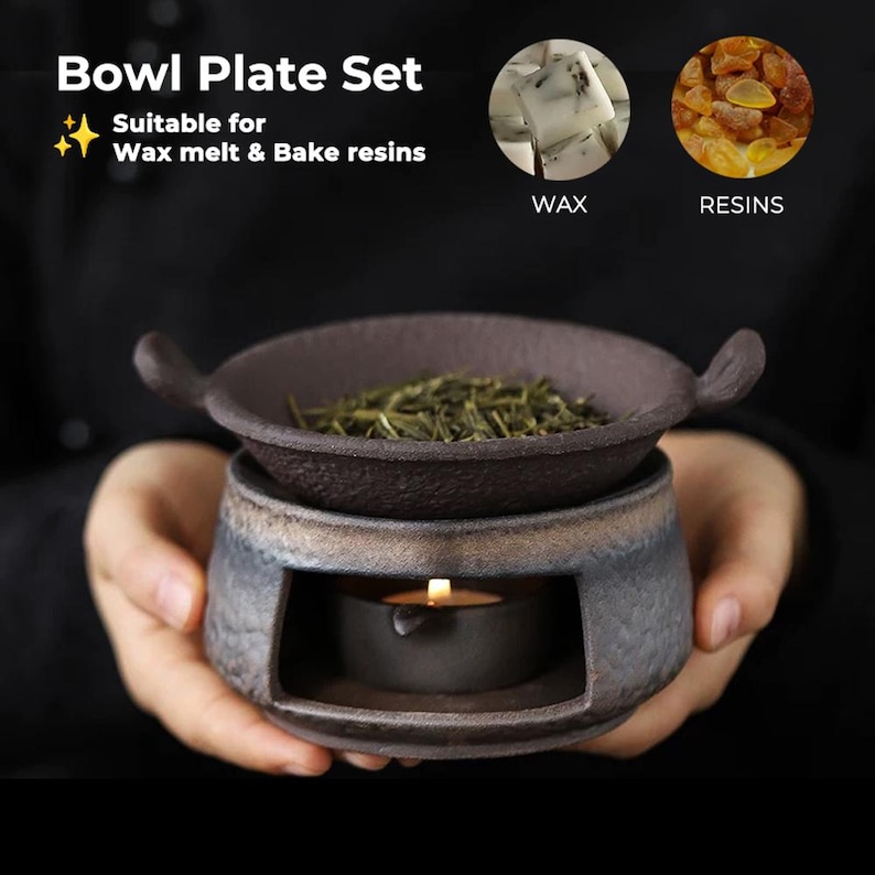 May include: A ceramic bowl plate set with a small candle burning inside. The set is designed for melting wax and baking resins. The bowl is filled with green herbs. The text on the image says "Bowl Plate Set" and "Suitable for Wax melt & Bake resins."