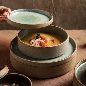 Plato hondo hecho a mano, plato de cerámica para la cena: plato combinado múltiple, plato para servir ensalada y fideos, regalo para los amantes de la cerámica