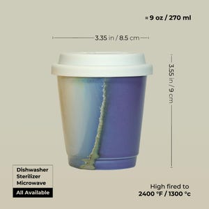May include: A ceramic mug with a blue and white glaze. It is 9 ounces and 3.55 inches tall. The mug is dishwasher, sterilizer, and microwave safe. It is high fired to 2400 degrees Fahrenheit.