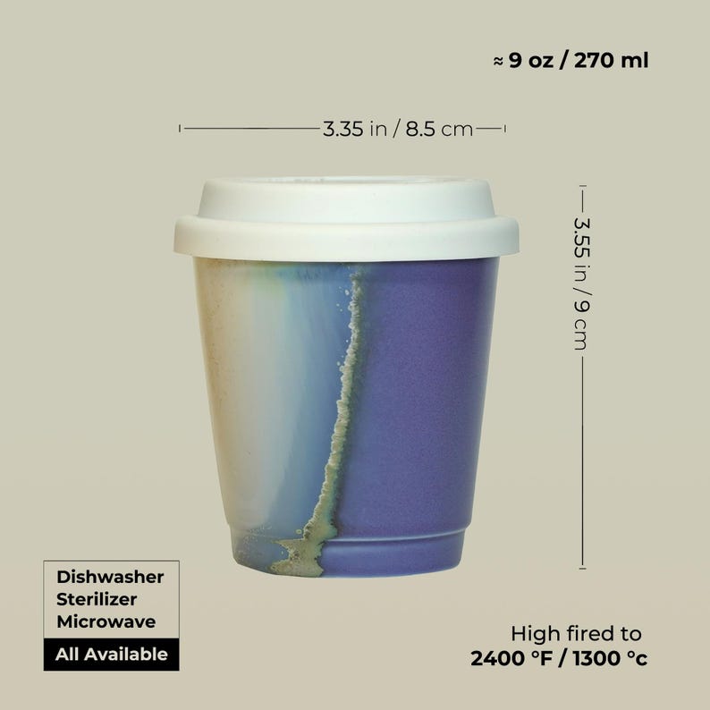 May include: A ceramic mug with a blue and white glaze. It is 9 ounces and 3.55 inches tall. The mug is dishwasher, sterilizer, and microwave safe. It is high fired to 2400 degrees Fahrenheit.