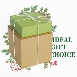 May include: Two stacked gift boxes, one green and one brown, tied with white string. The green box is on top of the brown box. The words "IDEAL GIFT CHOICE" are printed in green on the right side of the image. Decorative greenery surrounds the boxes.