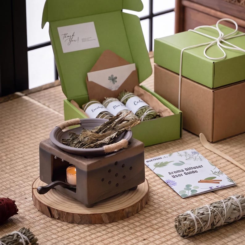 Waxmeltbrander zwart groen: cadeauset aromatherapie-oliediffusor, waxmeltbrander, geurverspreider, Palo Santo-brander, kandelaar afbeelding 1