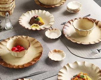 Handgefertigtes Geschirr, Florales Geschirr, 4-er Set Sommer Geschirr, Ess-Set, Keramik-Teller-Set, Teller,Schüsseln,Untertasse