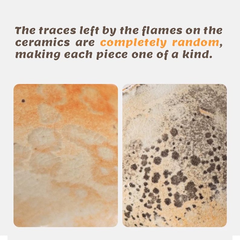 May include: Two ceramic tiles with unique patterns. One tile features orange and cream tones with a web-like design. The other tile has a beige background with dark brown spots. Text: The traces left by the flames on the ceramics are completely random, making each piece one of a kind.