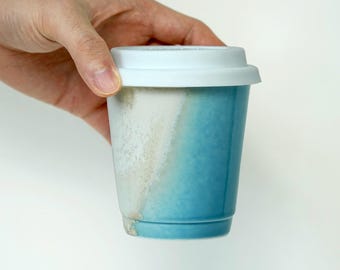 Ceramic Travel Mug with Lid, Seaside blue Pottery Travel Cup,Pottery Travel Mug,Reusable Coffee Mug,To Go Mug,take away mug,artwork for her