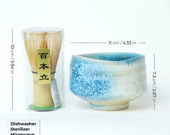 Blaue Keramik Matcha Schüssel Set mit Auslauf, Bambus Schneebesen und Chasen Halter, Matcha Tee Kit, Matcha Set, Bio Mischschüssel, 400ml Servierschüssel