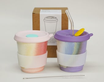 Travel Mugs with Lid Straw, Ceramic Mug Set, Handmade Pottery Coffee Mugs Pink Purple, Gift Boxed Reconciliation & Comfort Gift