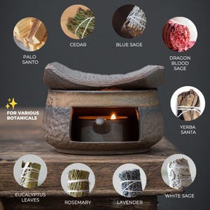 May include: A ceramic essential oil diffuser with a lit candle inside, surrounded by bundles of herbs including cedar, blue sage, dragon blood sage, yerba santa, eucalyptus leaves, rosemary, lavender, and white sage. Text reads "For Various Botanicals."