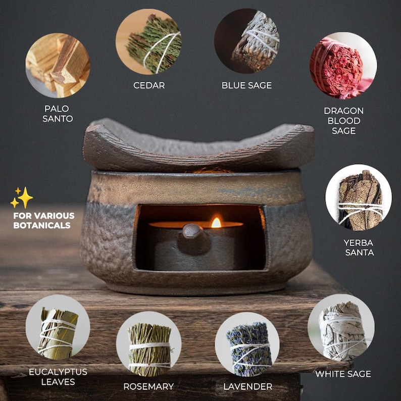 May include: A ceramic essential oil diffuser with a lit candle inside, surrounded by bundles of herbs including cedar, blue sage, dragon blood sage, yerba santa, eucalyptus leaves, rosemary, lavender, and white sage. Text reads "For Various Botanicals."