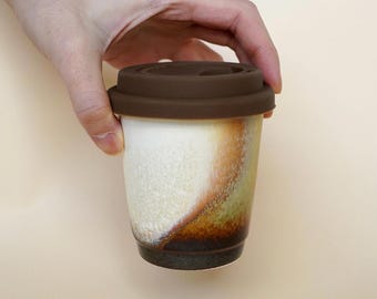 Kiln Change Ceramic Travel Mug With Silicone Lid,chocolate coffee mug,Reusable Pottery To Go Coffee Mug, Artwork gift for her,take away cup