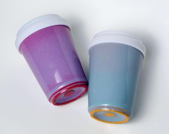 Ru ware porcelain, Ceramic Travel Mug with Silicone Lid,Fits in Cup Holder,Red blue couple mug,Lidless Cup ,9oz To Go Cup,Pottery Eco Mug