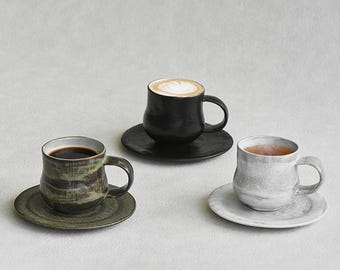 Ceramic Coffee Mug with Saucer Set: Espresso Cup, Textured Glaze Three color
