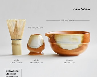 Caramel Ceramic Matcha Bowl Set with Spout,Bamboo Whisk and Chasen Holder,matcha tea kit,matcha set,mixing bowl,Green Matcha Whisk Set 400ml