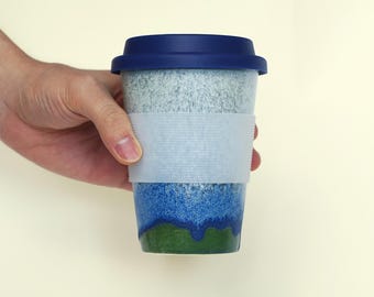 Ceramic Travel Mug with Lid,heat band,Blue Pottery Travel Cup,Pottery Travel Mug,Reusable Coffee Mug,To Go Mug,take away mug,artwork for her