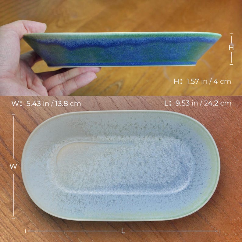 May include: A ceramic serving platter with a blue and green glaze. The platter is 9.53 inches long, 5.43 inches wide, and 1.57 inches high. The oval-shaped dish has a textured surface and is suitable for serving food.