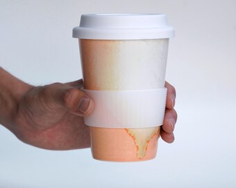 Gift for Sendoff, Ceramic Travel Mug with Lid, Handmade Pottery Coffee Cup | 11oz Orange Gradient Reusable Tea Cup, 8th anniversary gift
