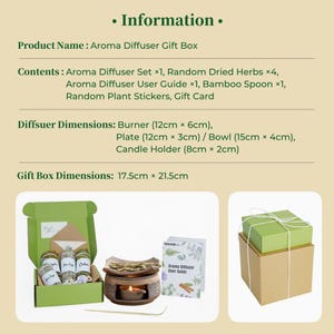 May include: Aroma diffuser gift box with contents including a diffuser set, dried herbs, user guide, bamboo spoon, stickers, and a gift card. The box includes a ceramic burner (12cm x 6cm), a plate (12cm x 3cm), a bowl (15cm x 4cm), and a candle holder (8cm x 2cm).