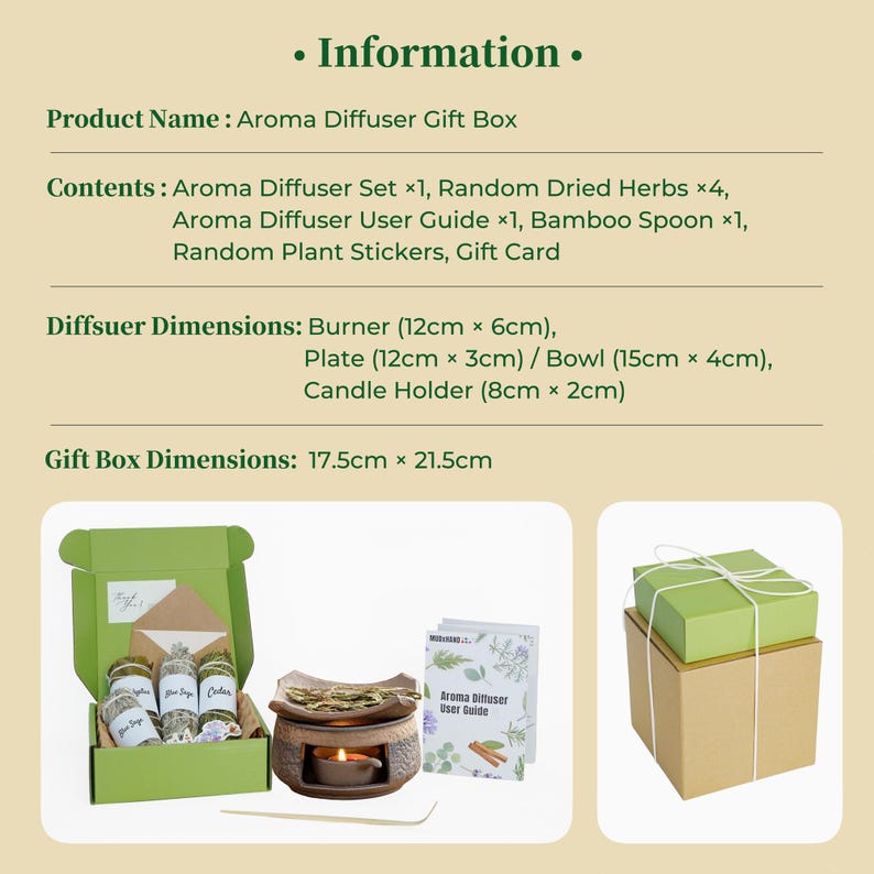 May include: Aroma diffuser gift box with contents including a diffuser set, dried herbs, user guide, bamboo spoon, stickers, and a gift card. The box includes a ceramic burner (12cm x 6cm), a plate (12cm x 3cm), a bowl (15cm x 4cm), and a candle holder (8cm x 2cm).