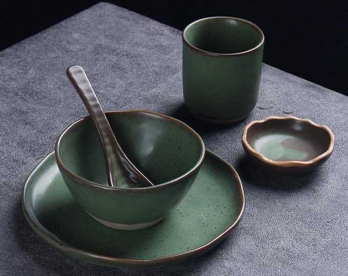 Handmade dinnerware, Organic Dinner tableware,  Stoneware Style, Dinner set, Ceramic plate 5-Piece Set, plates, bowls, mugs, spoons