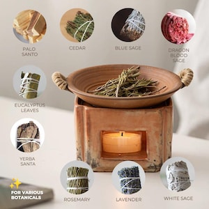 Op de afbeelding: Een assortiment gedroogde botanische producten, waaronder Palo Santo, Ceder, Blauwe Salie, Drakenbloed Salie, Eucalyptusbladeren, Yerba Santa, Rozemarijn, Lavendel en Witte Salie. Een keramische etherische olie diffuser met een brandende kaars. Tekst: "FOR VARIOUS BOTANICALS."