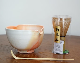 Heart Shaped Matcha Bowl Set: Handmade Jingdezhen with Bamboo Whisk,orange love matcha tea kit&set, mixing bowl,loving heart Matcha Set