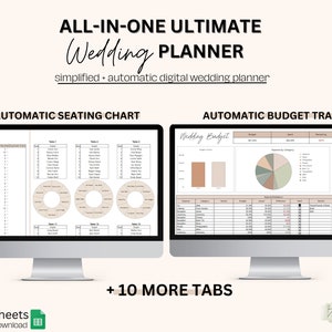 May include: A digital wedding planner displayed on two computer monitors. The screens show an automatic seating chart and a budget tracker. Text on the image reads "ALL-IN-ONE ULTIMATE Wedding PLANNER" and "simplified + automatic digital wedding planner."