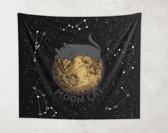 Cat On Moon Tapestry, Goblincore Celestial Wall Art