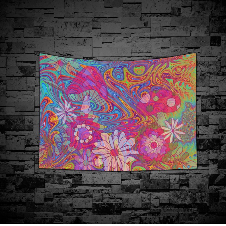 May include: A psychedelic tapestry featuring a swirling, abstract background in shades of blue, yellow, orange, and pink. The background is adorned with colorful flowers and mushrooms.