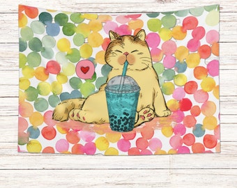 Cat Tapestry, Boba Tapestry, Cat Wall Hanging,  Bubble Tea Art, Kawaii Cat, Tea Lover Tapestry, Tapestry Aesthetic, Cat Lover gift