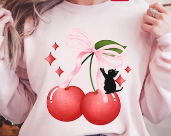 Cherry Coquette Cat Sweatshirt, Valentine's Day Shirt, Cat Mama Sweater