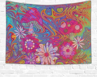 Psychedelic Tapestry, Mushroom tapestry, Funny Tapestry, Trippy Tapestry, Nature Wall Art,  tapestry aesthetic, bedroom decor, Flower lover