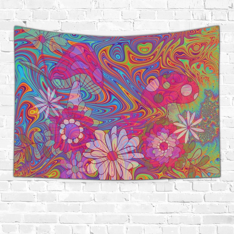 May include: A psychedelic tapestry featuring a swirling, colorful background with pink, blue, and yellow hues. The tapestry has a retro, 70s vibe with images of mushrooms and flowers.