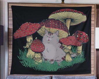 Enchanting Cat Mushroom Tapestry - Wall Art Cottagecore and Goblincore Vibes