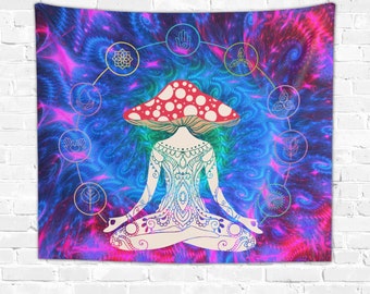 May include: A psychedelic tapestry featuring a meditating figure with a mushroom cap, surrounded by a circle of symbols on a blue and pink background.