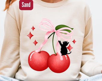 Cherry Coquette Cat Sweatshirt, Valentine's Day Shirt, Cat Mama Sweater
