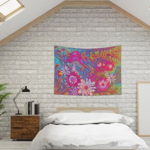 May include: A psychedelic tapestry featuring a swirling, abstract background in shades of blue, yellow, and orange. The background is adorned with pink, red, and white flowers and mushrooms.