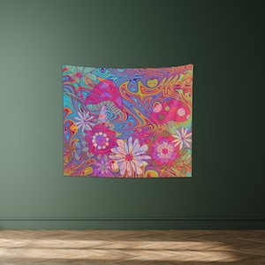 May include: Psychedelic tapestry featuring a swirling, colorful background with pink, blue, and yellow hues. The tapestry has a floral design with pink, white, and yellow flowers and red mushrooms.