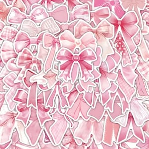May include: A selection of pink bow stickers in diverse shades and designs. The bows feature solid colours, polka dots, and plaid patterns. Some bows have long ribbons, while others are simple. The stickers are closely arranged, creating a visually appealing design.