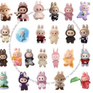 May include: A collection of small, bunny-eared figurines in various outfits and colors. The figurines are dressed in outfits such as overalls, hooded jackets, and dresses. Some figurines are holding accessories. The text "Fun Doodle Studio" is visible.
