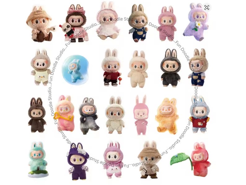 May include: A collection of small, bunny-eared figurines in various outfits and colors. The figurines are dressed in outfits such as overalls, hooded jackets, and dresses. Some figurines are holding accessories. The text "Fun Doodle Studio" is visible.
