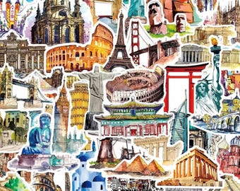 Travel the World Stickers Pack, Travel Souvenir, Landmark Stickers, World Travel Stickers, Passport, Journey, Journal Decals, Scrapbook