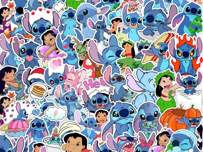 K&ouml;nnte beinhalten: Eine Collage aus bunten Aufklebern mit der Figur Stitch aus dem Animationsfilm Lilo & Stitch. Die Aufkleber zeigen Stitch in verschiedenen Posen und Ausdr&uuml;cken, zusammen mit anderen Charakteren und Objekten aus dem Film.