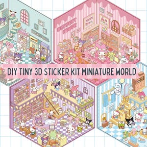 May include: A DIY tiny 3D sticker kit miniature world featuring four distinct rooms filled with Sanrio characters. The rooms include a blue shop, a pink dessert house, a purple library, and a blue bedroom, all decorated with detailed furniture.