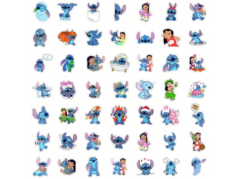 K&ouml;nnte beinhalten: Eine Sammlung farbenfroher Aufkleber mit der Figur Stitch aus dem Animationsfilm Lilo & Stitch. Die Aufkleber zeigen Stitch in verschiedenen Posen und Outfits, einige davon mit anderen Charakteren. Die Aufkleber befinden sich auf wei&szlig;em Hintergrund.